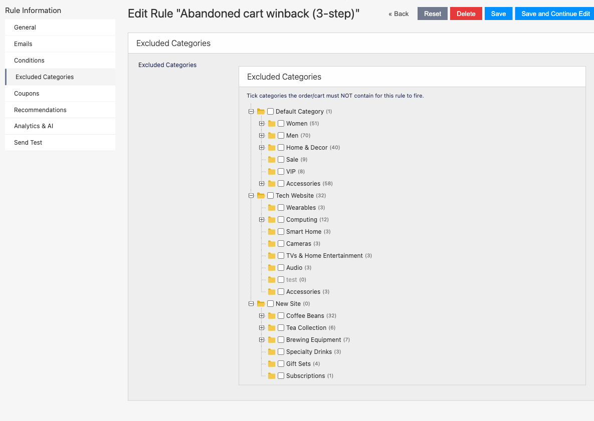 Excluded Categories tab