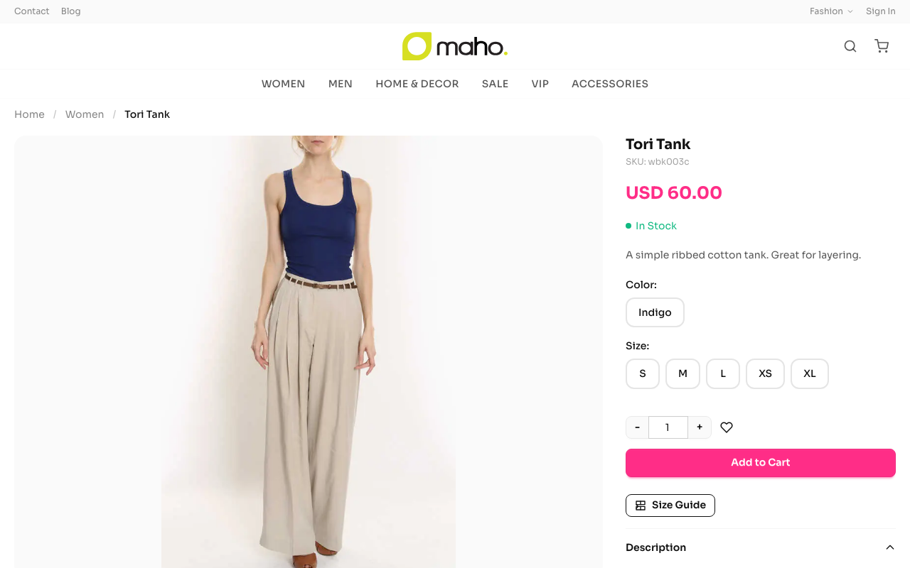 Product page — gallery, variant swatches, quantity stepper, add to cart